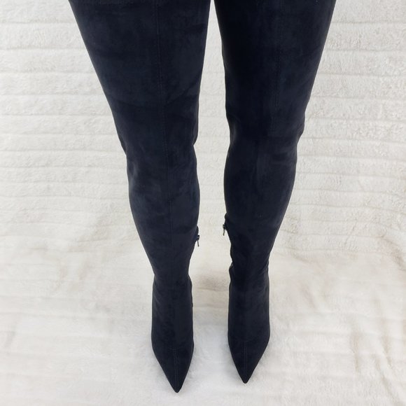 Girlz Revenge Faux Stretch Suede Black Sexy High Heel Pointy Toe Platform Boots - Picture 11 of 15